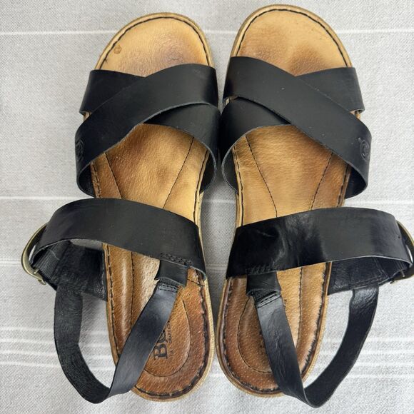 Born Aida Leather Strappy Wedge Slingback Sandals Comfort Lagenlook Black 8 - Picture 6 of 14